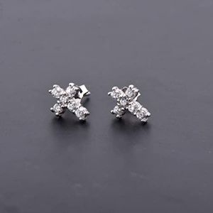 Tiny Sterling Silver Cross Earring Studs Pave